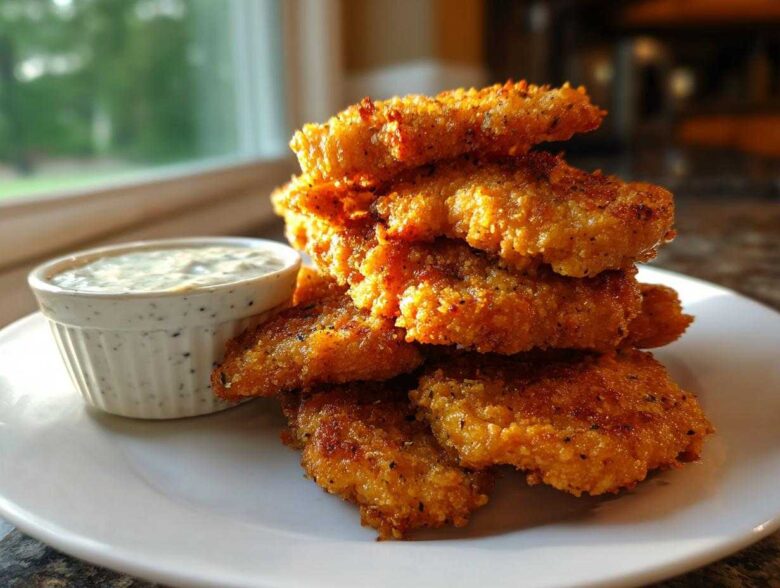A stack of golden brown Crispy Chicken Tenders served next to a small ramekin of creamy Garlic Parmesan Dip.
