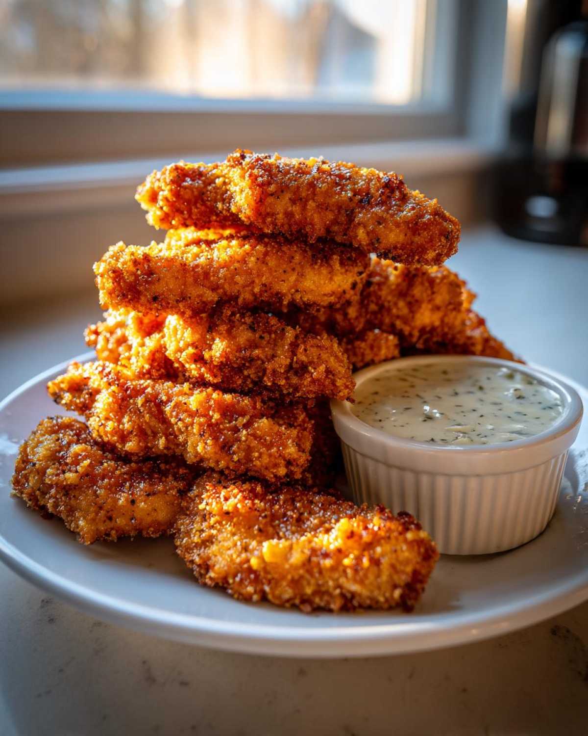 A tall stack of golden brown Crispy Chicken Tenders next to a small bowl of creamy Garlic Parmesan Dip.