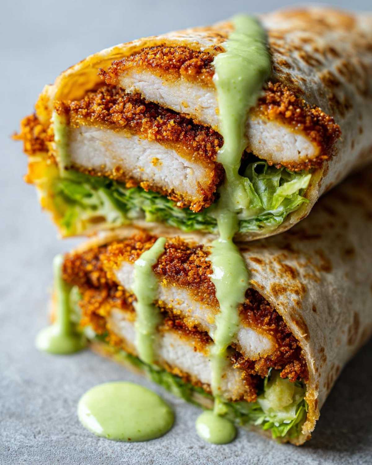 Close-up of a Crispy Chicken Wrap with Avocado Sauce cut in half, showing breaded chicken, lettuce, and green sauce drizzle.