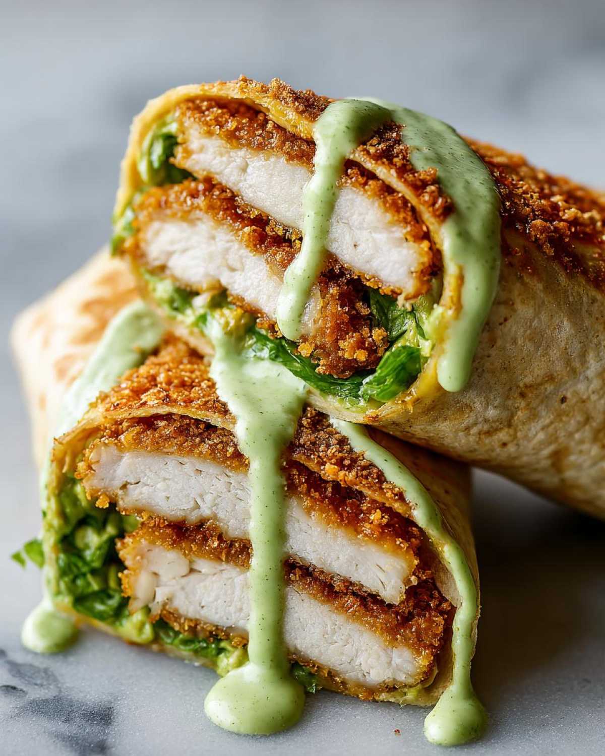 A cross-section view of a Crispy Chicken Wrap with Avocado Sauce, showing layers of fried chicken, lettuce, and green sauce.