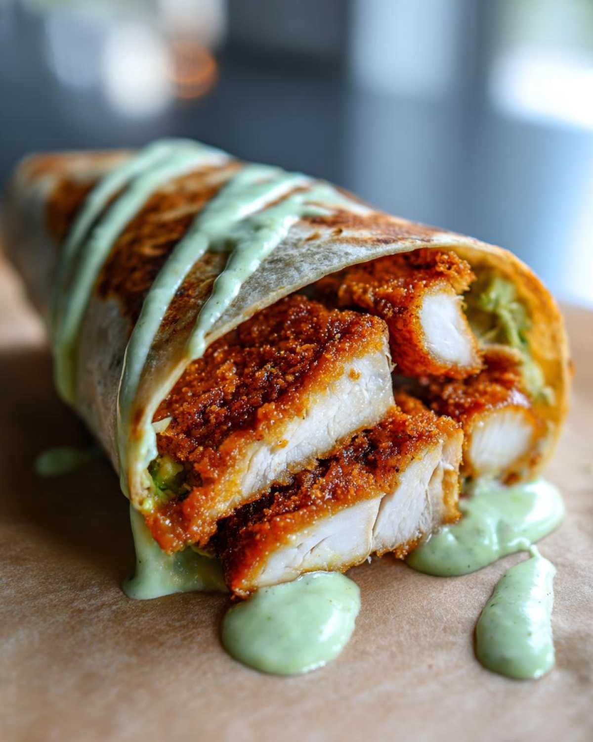 Close-up of a Crispy Chicken Wrap with Avocado Sauce, showing breaded chicken pieces and green sauce drizzle.
