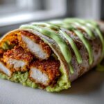 Close-up of a Crispy Chicken Wrap with Avocado Sauce, showing crispy chicken pieces and creamy green sauce.