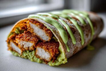 Close-up of a Crispy Chicken Wrap with Avocado Sauce, showing crispy chicken pieces and creamy green sauce.