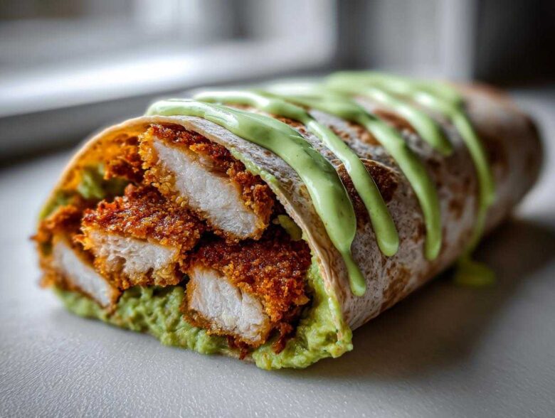 Close-up of a Crispy Chicken Wrap with Avocado Sauce, showing crispy chicken pieces and creamy green sauce.