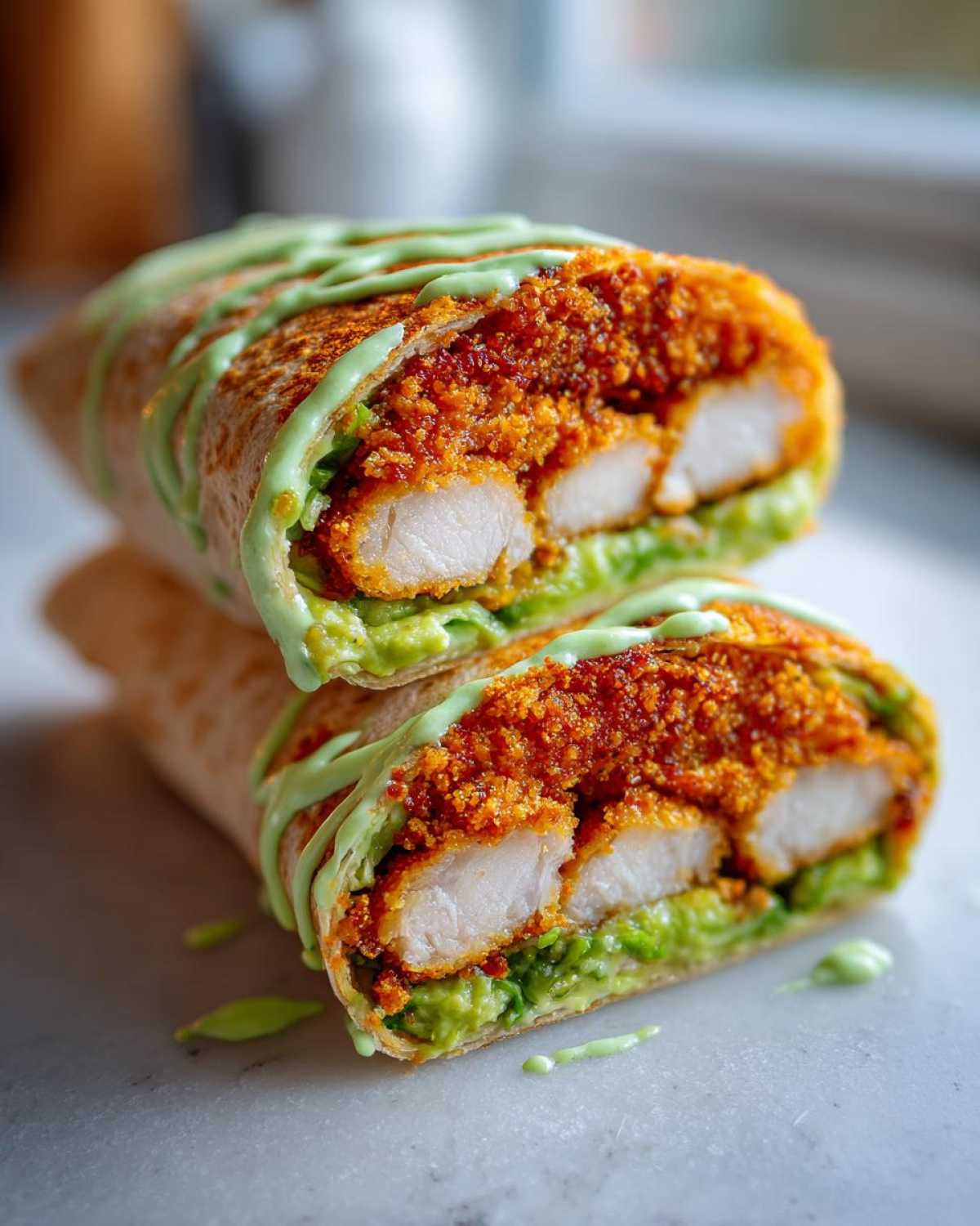 A stacked cross-section of a Crispy Chicken Wrap with Avocado Sauce, showing crispy chicken and green sauce inside a tortilla.