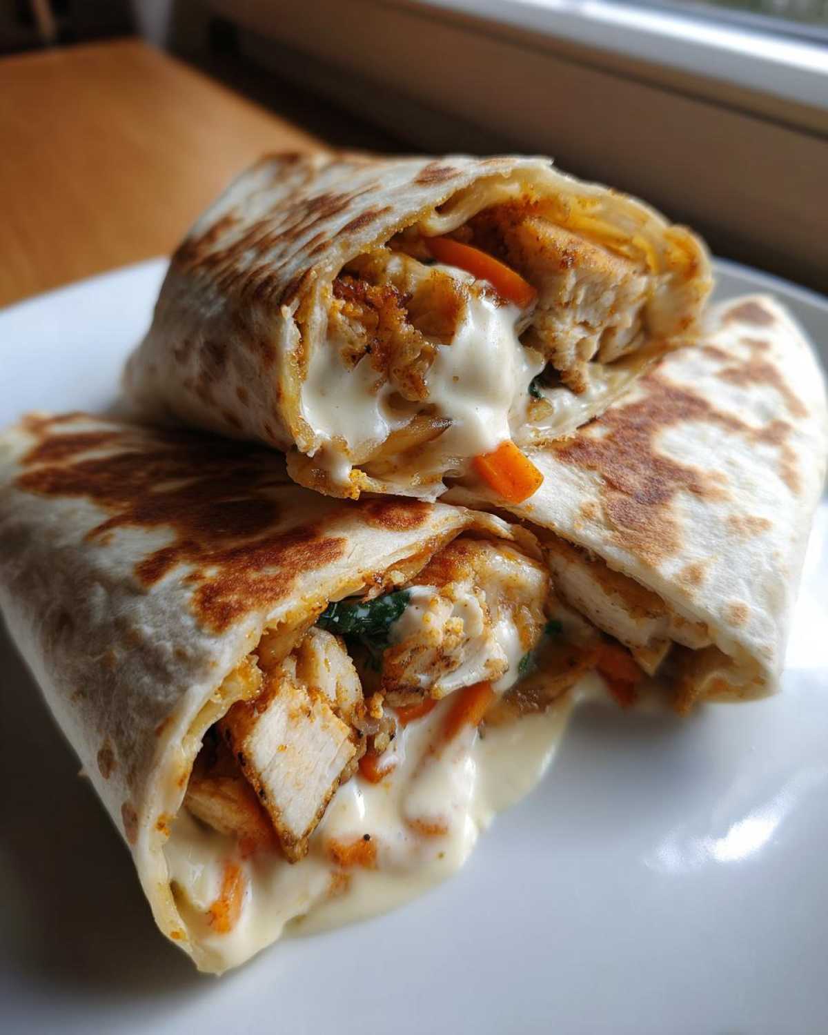 A close-up of a Crispy Chicken Wrap with Creamy Garlic Sauce cut in half, showing chunks of chicken, carrots, and oozing white sauce.