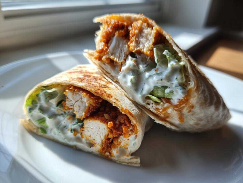 Two halves of a Crispy Chicken Wrap with Creamy Garlic Sauce, showing crispy chicken, lettuce, and white sauce inside a toasted tortilla.