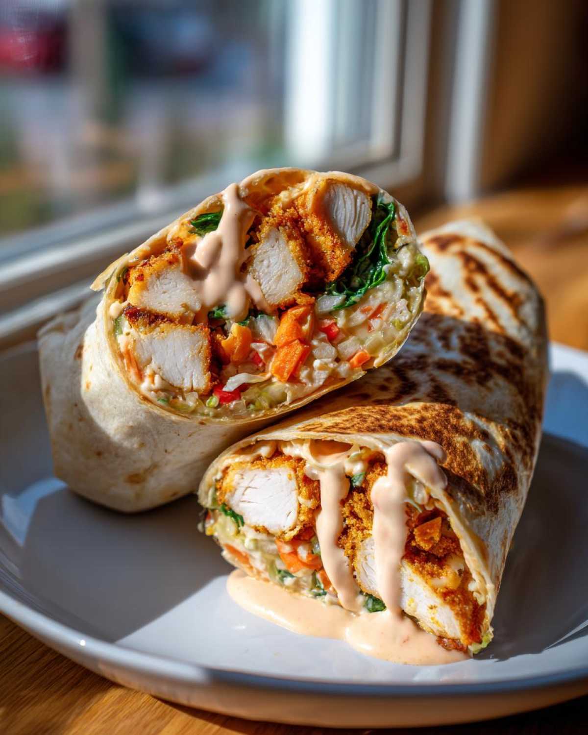 A halved Crispy Chicken Wrap with Creamy Garlic Sauce showing crispy chicken strips, vegetables, and sauce drizzle.