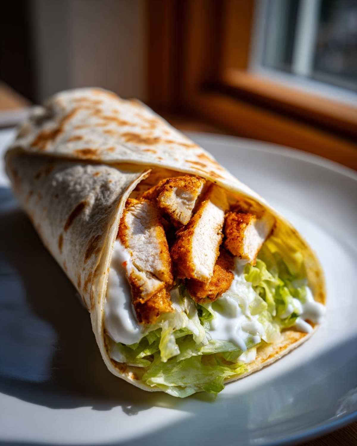 Close-up of a Crispy Chicken Wrap with Creamy Ranch Sauce, showing seasoned chicken, lettuce, and white sauce in a tortilla.