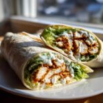 A delicious Crispy Chicken Wrap with Creamy Ranch Sauce, cut in half to show crispy chicken, lettuce, and white sauce.