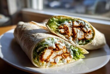 A delicious Crispy Chicken Wrap with Creamy Ranch Sauce, cut in half to show crispy chicken, lettuce, and white sauce.