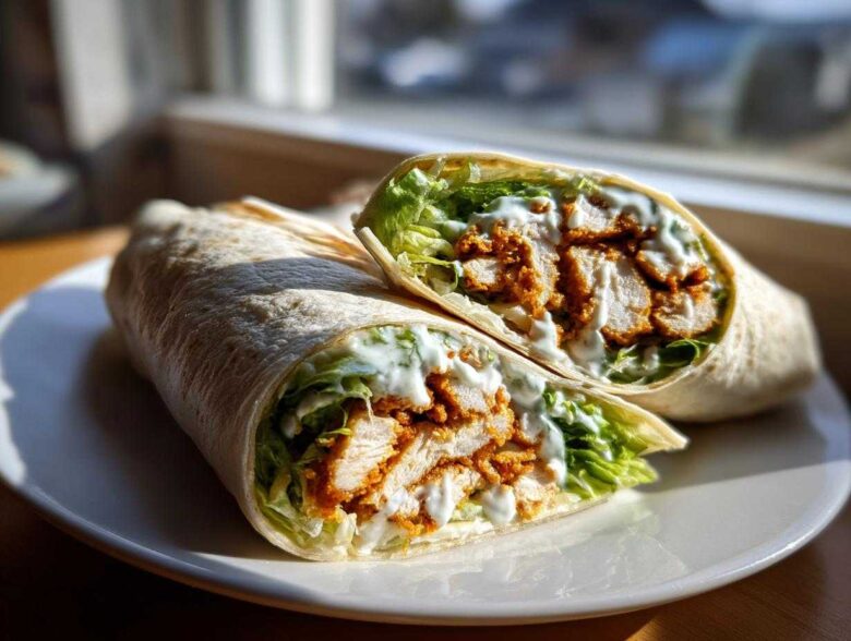 A delicious Crispy Chicken Wrap with Creamy Ranch Sauce, cut in half to show crispy chicken, lettuce, and white sauce.