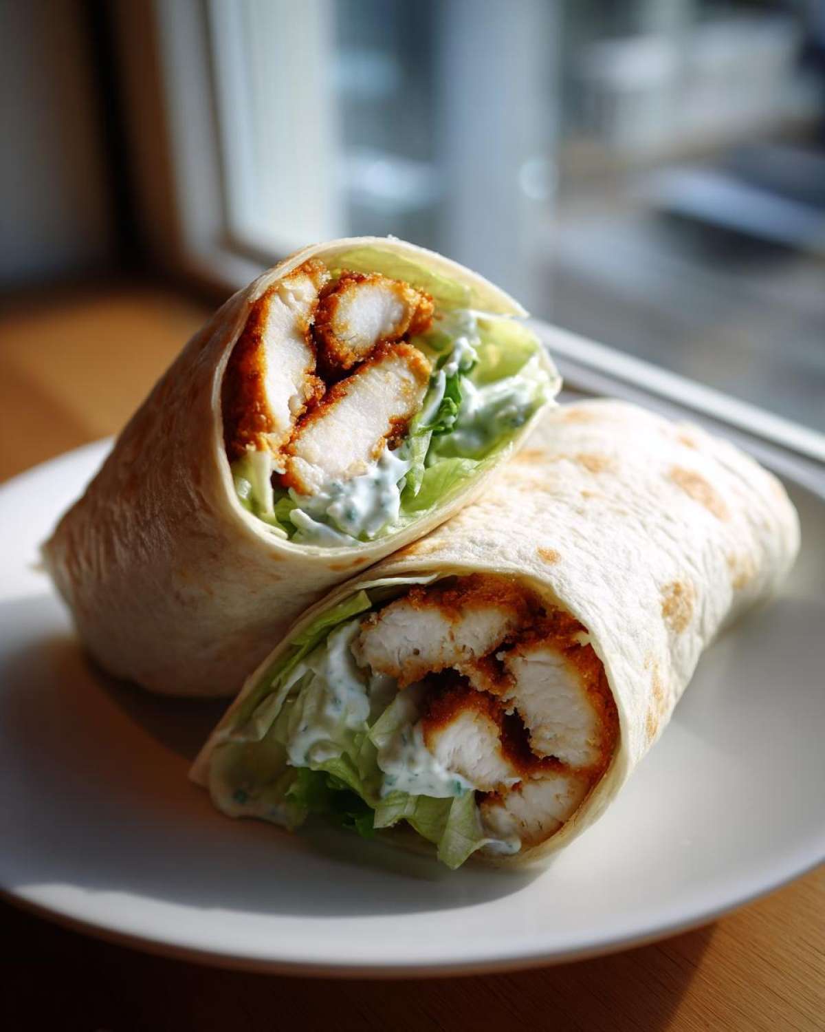 Two halves of a Crispy Chicken Wrap with Creamy Ranch Sauce showing crispy chicken, lettuce, and sauce inside a tortilla.