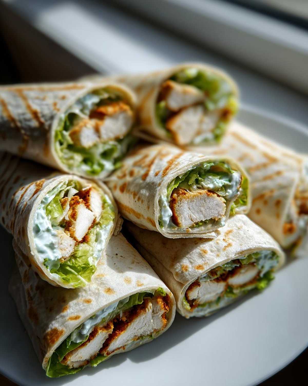 A stack of several Crispy Chicken Wrap with Creamy Ranch Sauce halves, showing crispy chicken, lettuce, and white sauce.