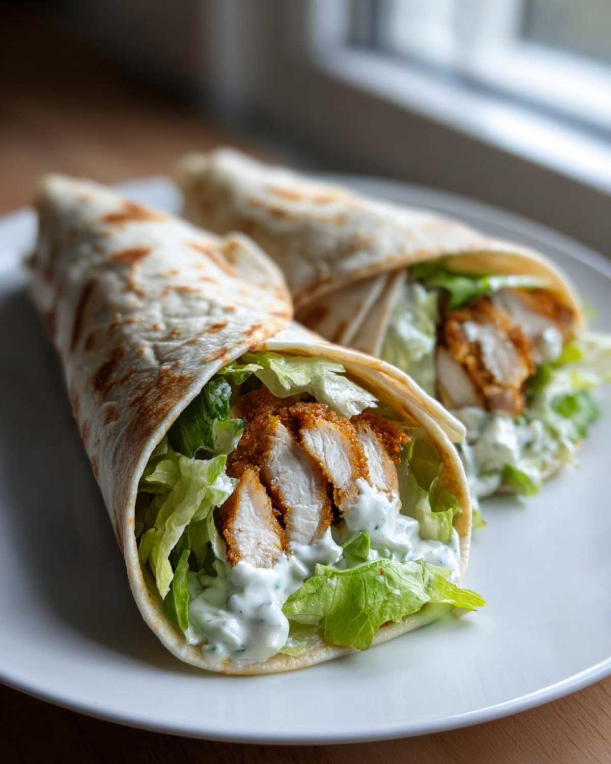 Two halves of a Crispy Chicken Wrap with Creamy Ranch Sauce showing sliced crispy chicken, lettuce, and white sauce in a soft tortilla.