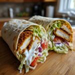 Two halves of a Crispy Chicken Wrap with Garlic Yogurt Sauce, showing crispy chicken, lettuce, tomato, and red onion.