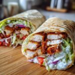 Two halves of a grilled tortilla filled with crispy chicken, lettuce, tomato, onion, and drizzled with garlic yogurt sauce, making a perfect Crispy Chicken Wrap.