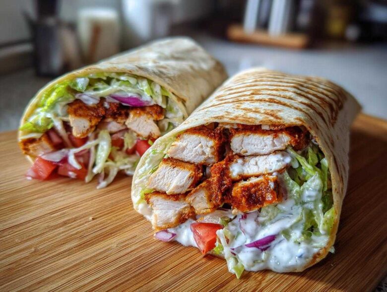 Two halves of a grilled tortilla filled with crispy chicken, lettuce, tomato, onion, and drizzled with garlic yogurt sauce, making a perfect Crispy Chicken Wrap.