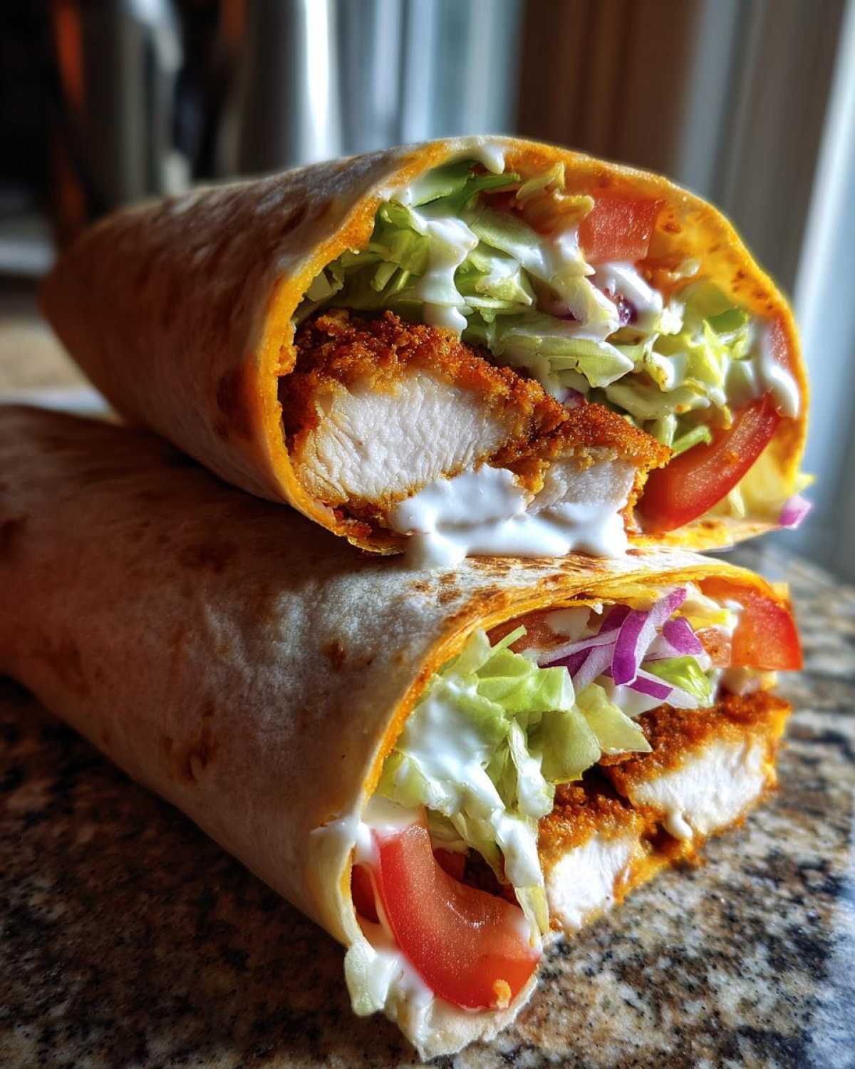 Two halves of a Crispy Chicken Wrap with Garlic Yogurt Sauce stacked, showing crispy chicken, lettuce, tomato, and sauce.