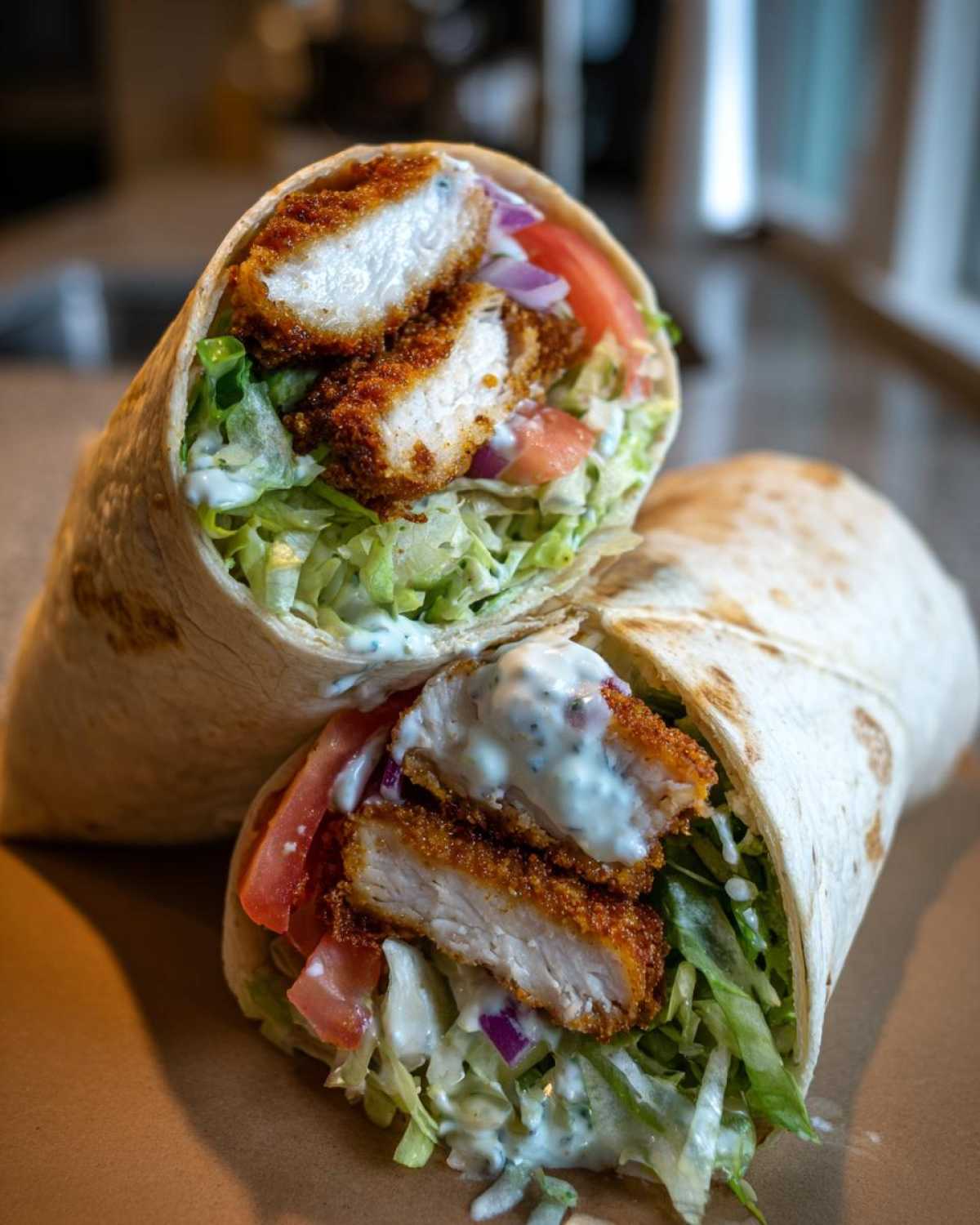 A halved Crispy Chicken Wrap showing crunchy fried chicken, lettuce, tomato, red onion, and garlic yogurt sauce inside a tortilla.