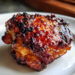 Close-up of a perfectly cooked Honey Garlic Chicken Thighs with crispy, caramelized skin.