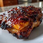 Close-up of a perfectly cooked Honey Garlic Chicken Thighs with crispy, caramelized skin coated in a thick, shiny glaze.