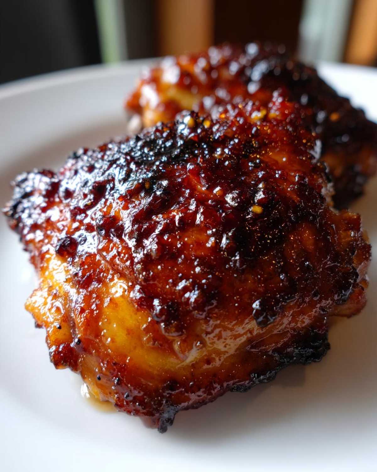 Close-up of two Honey Garlic Chicken Thighs with crispy, caramelized, and glossy skin.