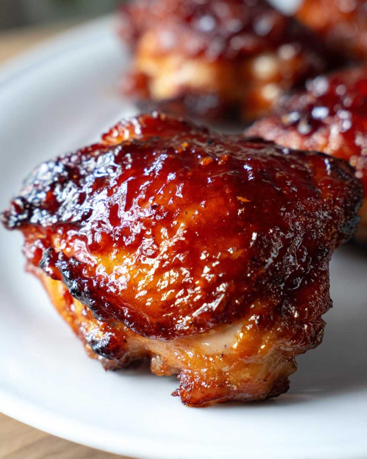 Close-up of a perfectly cooked Honey Garlic Chicken Thighs with crispy, sticky, dark glaze on a white plate.