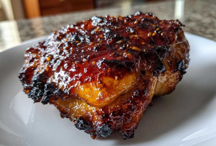 Close-up of a perfectly cooked Honey Garlic Chicken Thighs with crispy, caramelized skin coated in a thick, shiny glaze.