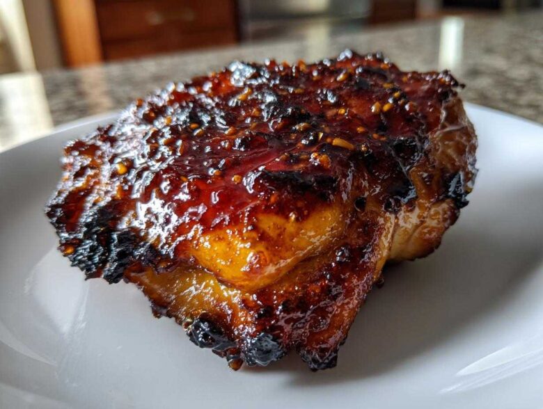 Close-up of a perfectly cooked Honey Garlic Chicken Thighs with crispy, caramelized skin coated in a thick, shiny glaze.