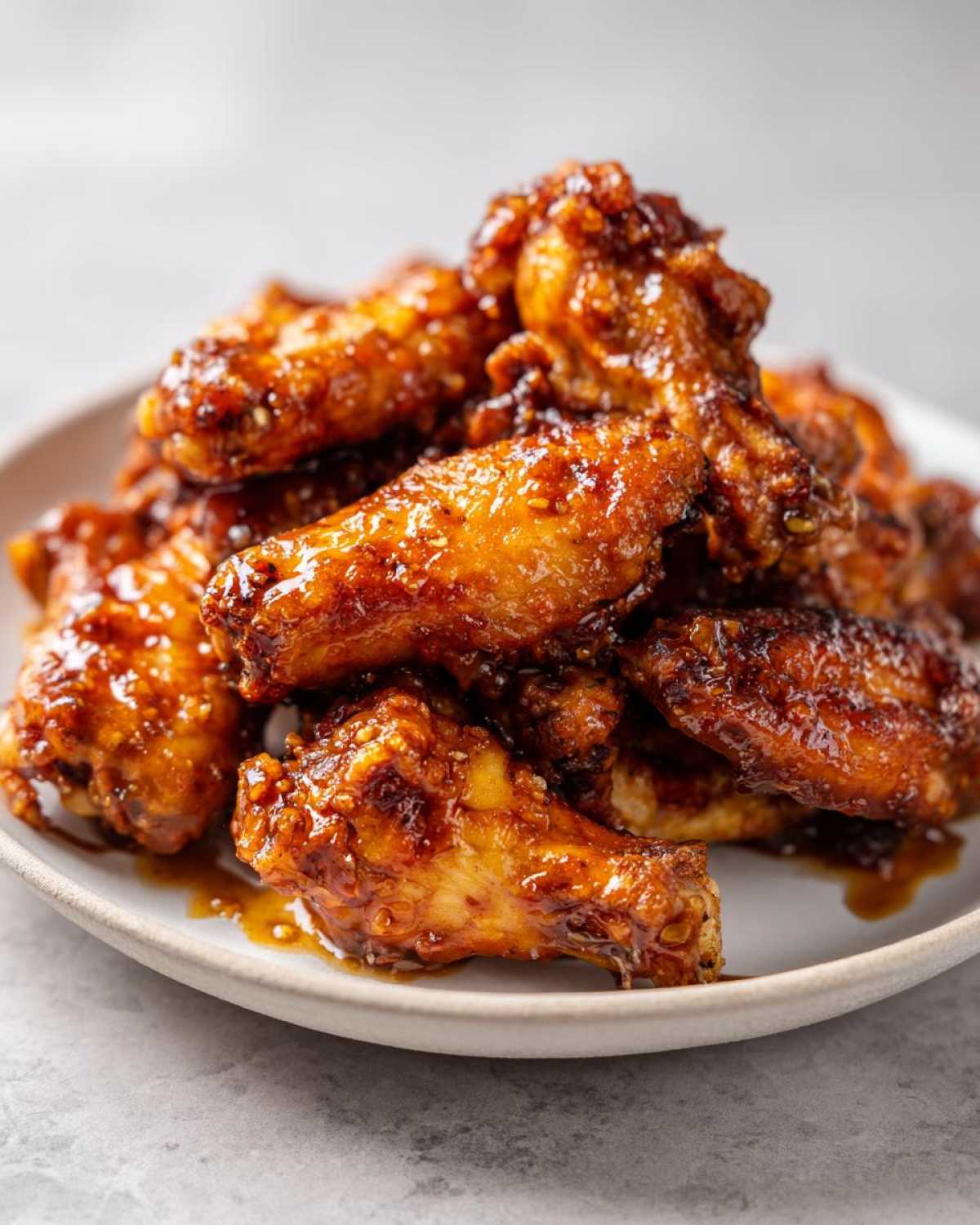 A close-up of a pile of crispy Honey Garlic Chicken Wings Oven Baked, glistening with a thick, sticky glaze.