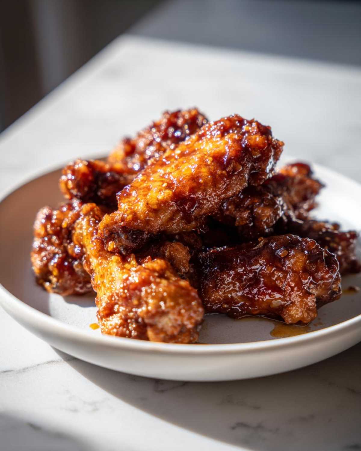 Close-up of crispy oven baked Honey Garlic Chicken Wings coated in a thick, glossy sauce on a light plate.