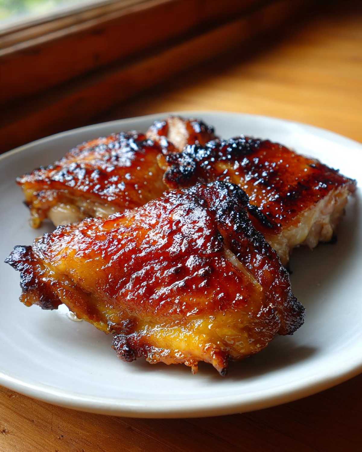 Close-up of three perfectly cooked Honey Soy Chicken Thighs with crispy, glazed edges on a white plate.