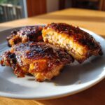 Close-up of juicy Honey Soy Chicken Thighs with crispy, dark caramelized edges on a white plate.
