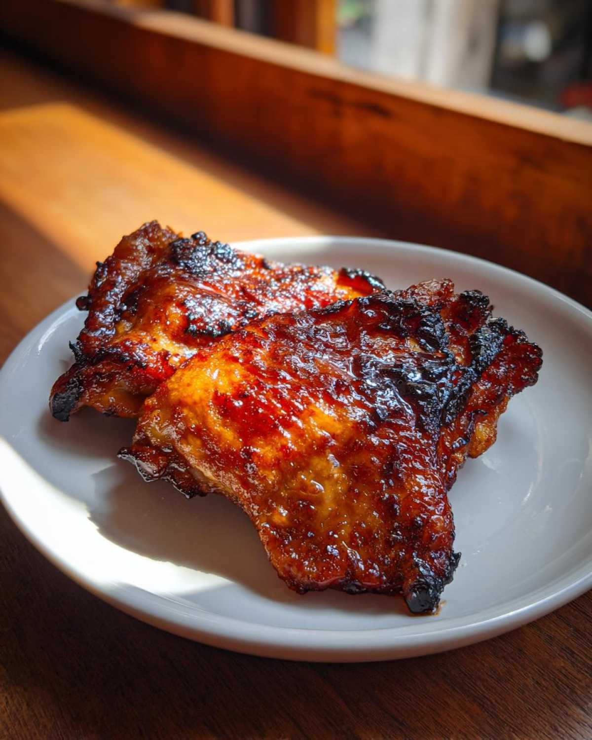 Two pieces of Honey Soy Chicken Thighs with crispy, caramelized edges resting on a white plate.