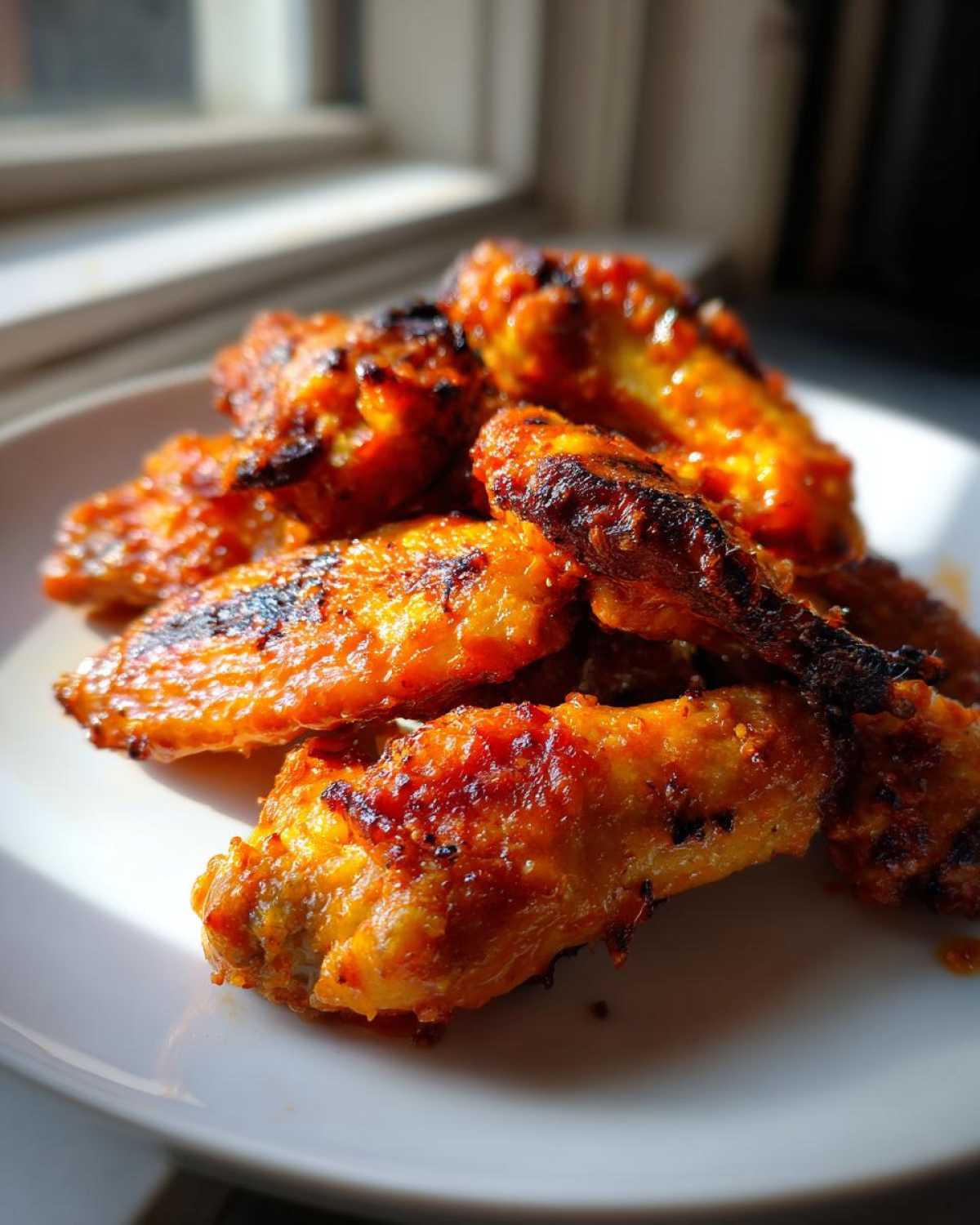 Close-up of crispy, glazed Honey Sriracha Chicken Wings oven baked on a white plate.