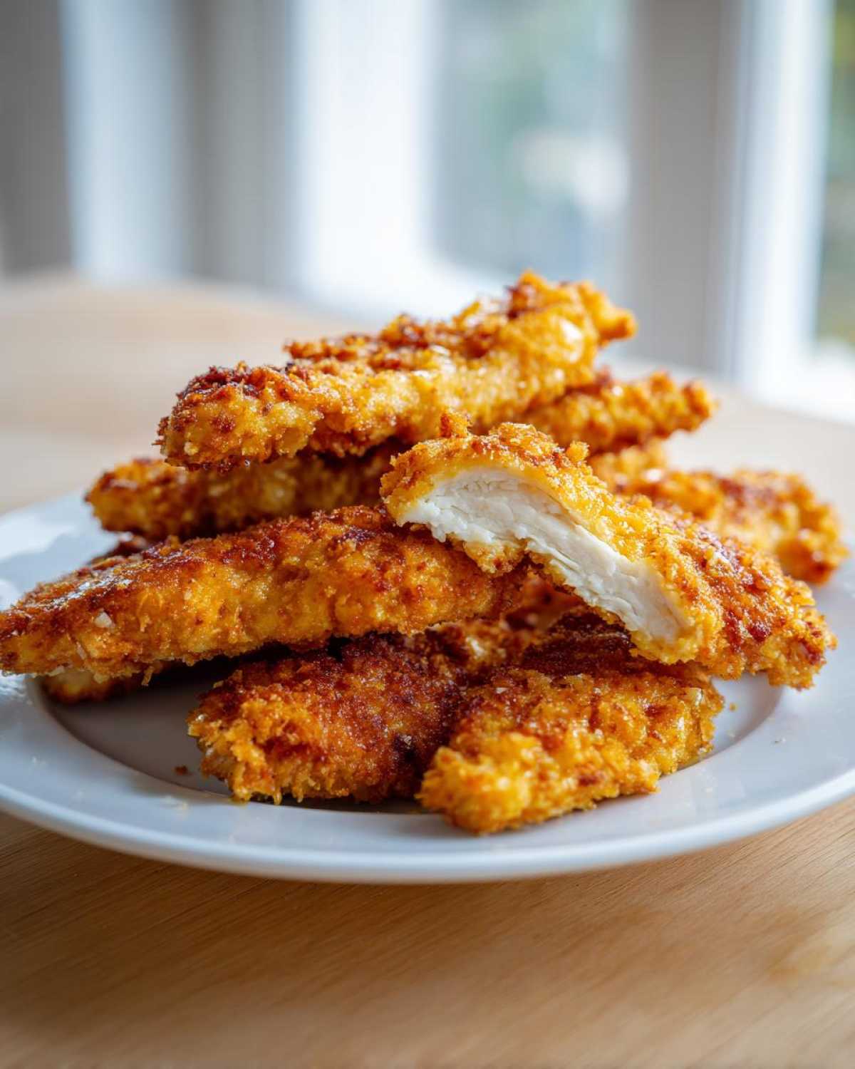 A stack of Crispy Oven Baked Chicken Tenders Extra Juicy on a white plate, with one piece cut open revealing the moist white meat.