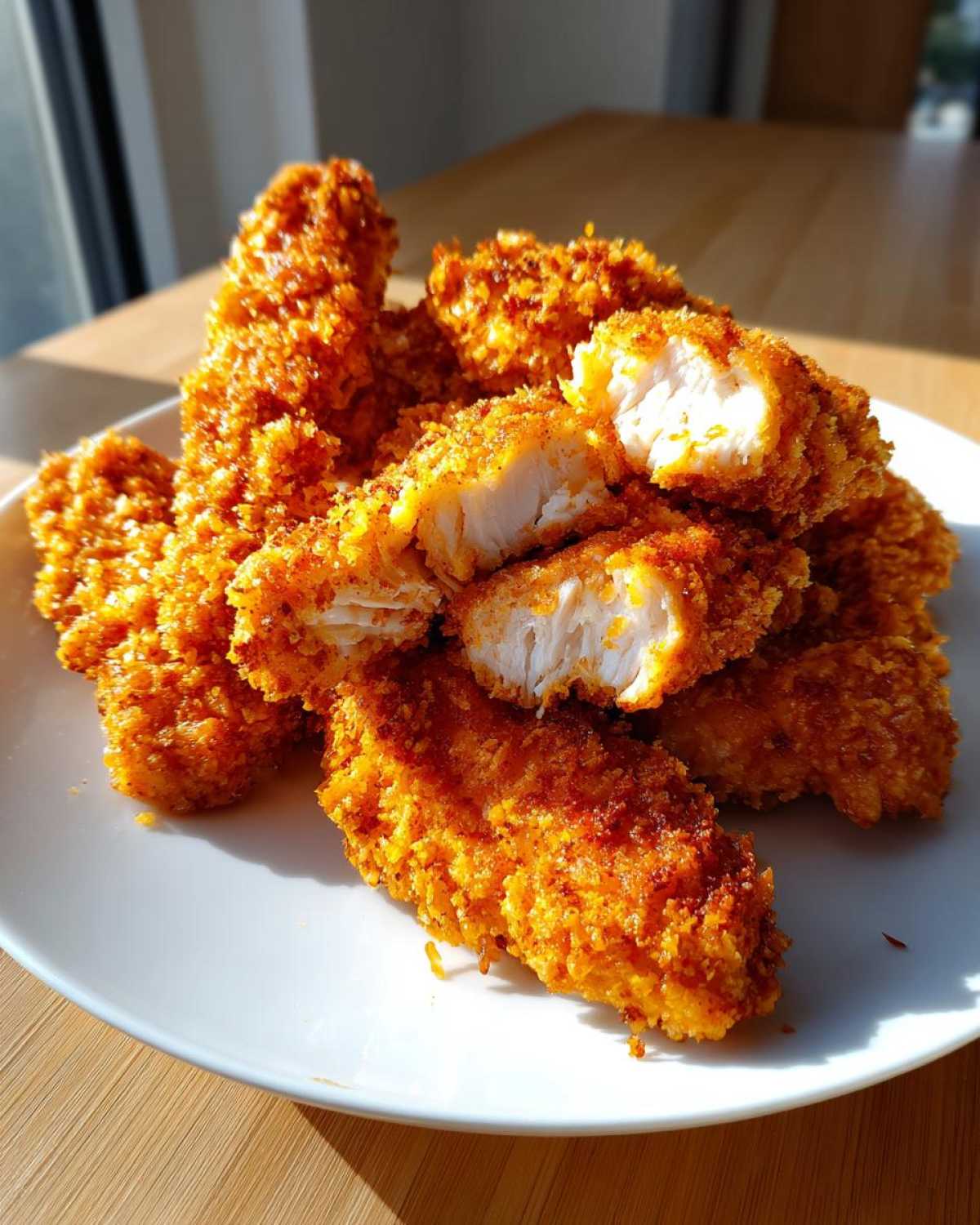 A pile of Crispy Oven Baked Chicken Tenders on a white plate, with one cut open revealing the juicy white meat inside.