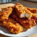 A plate piled high with golden brown Crispy Oven Baked Chicken Tenders Extra Juicy, one piece broken open showing the moist white interior.