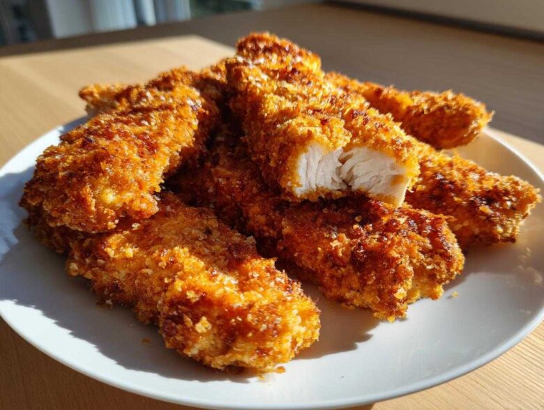 A plate piled high with golden brown Crispy Oven Baked Chicken Tenders Extra Juicy, one piece broken open showing the moist white interior.
