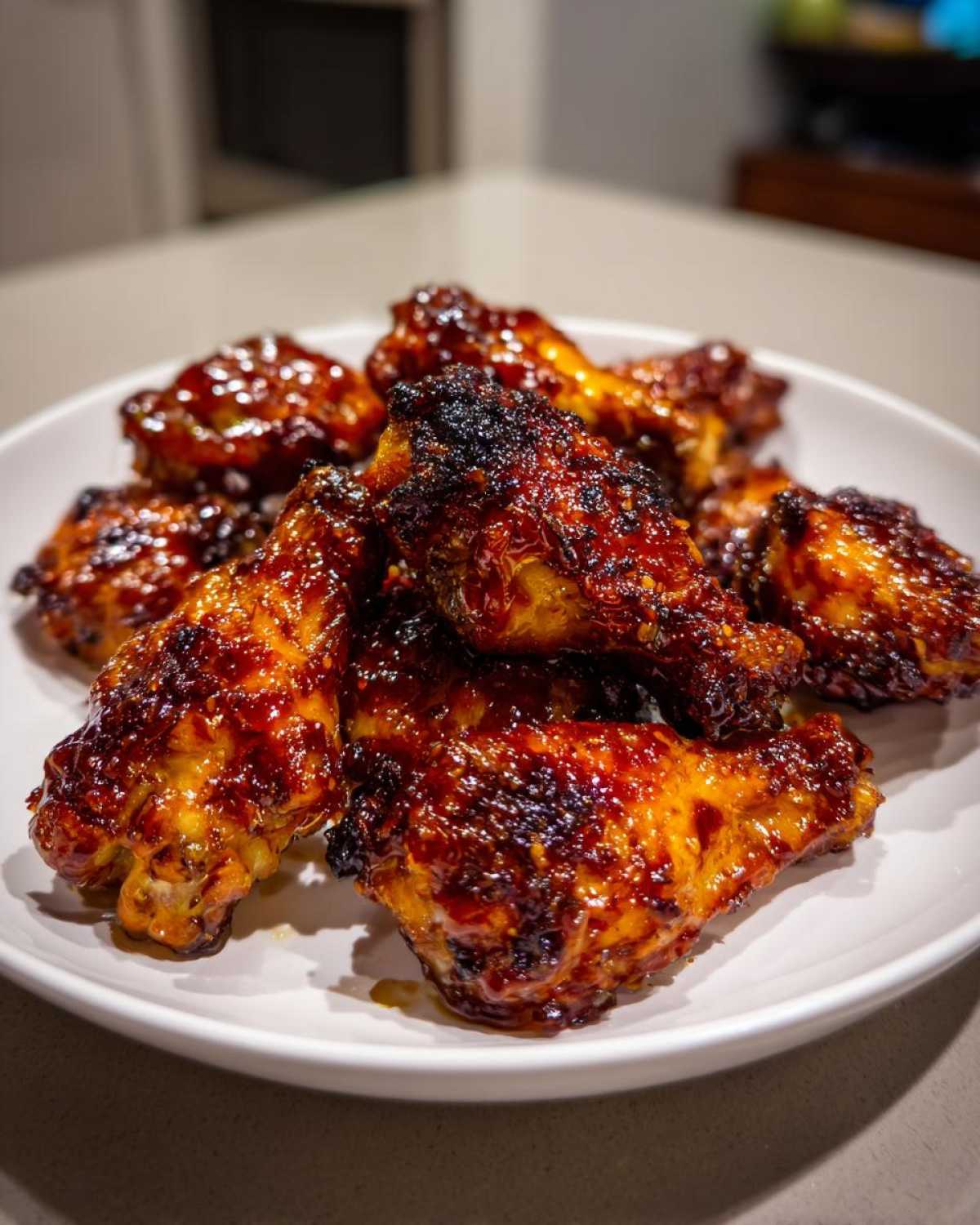A pile of glossy, caramelized Honey Garlic Chicken Wings Crispy Oven Baked on a white plate.