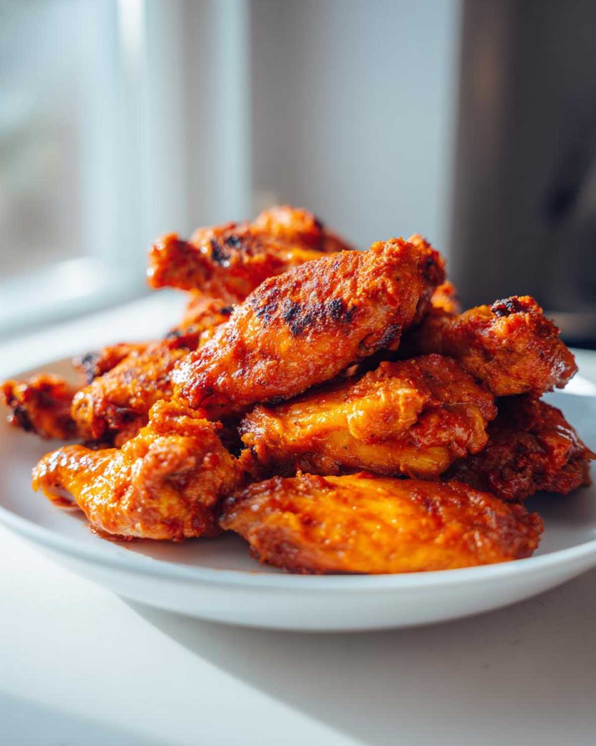 A close-up of a white plate piled high with crispy oven baked Honey Sriracha Chicken Wings, glistening with sauce.