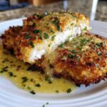 Close-up of two Crispy Parmesan Chicken Cutlets, one sliced to show white meat, covered in creamy sauce and parsley.