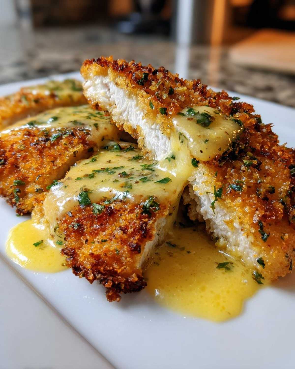 Close-up of sliced Crispy Parmesan Chicken Cutlets covered in a rich, creamy yellow sauce and fresh parsley.
