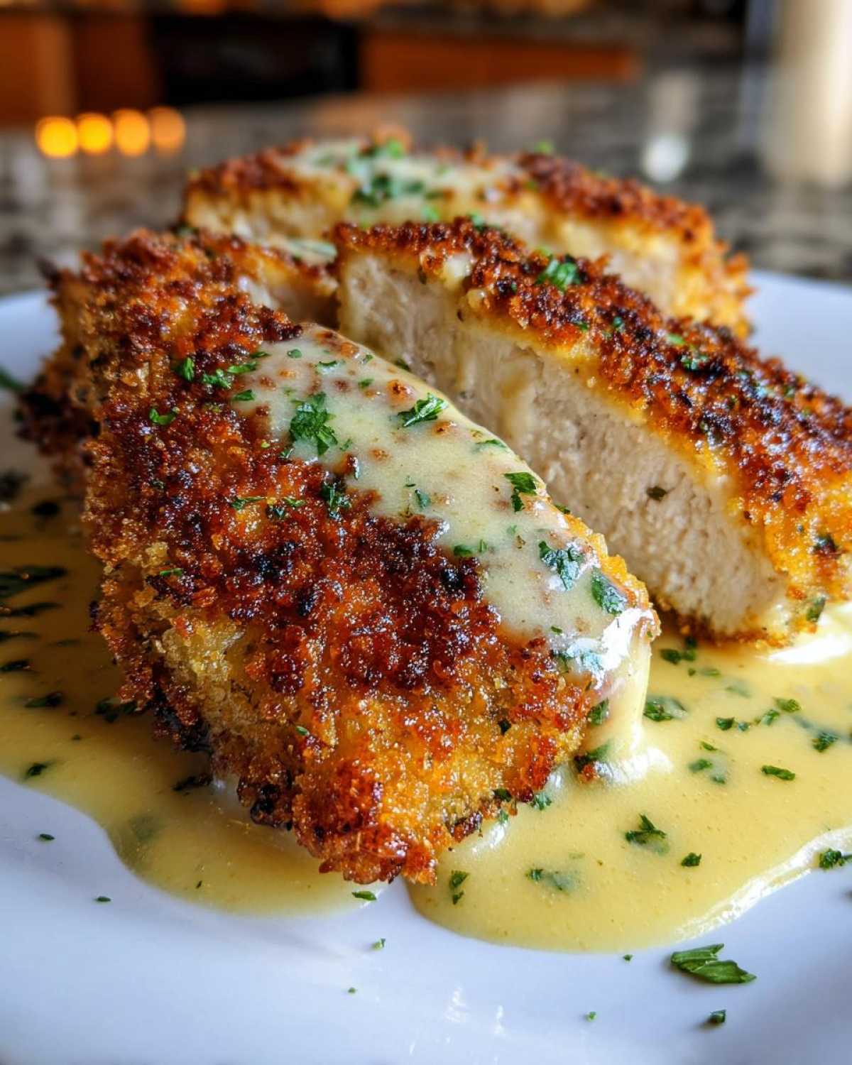 Close-up of sliced Crispy Parmesan Chicken Cutlets covered in a creamy yellow sauce and sprinkled with parsley.