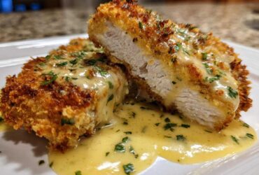 Cross-section of Crispy Parmesan Chicken Cutlets smothered in a rich, creamy sauce and topped with fresh parsley.