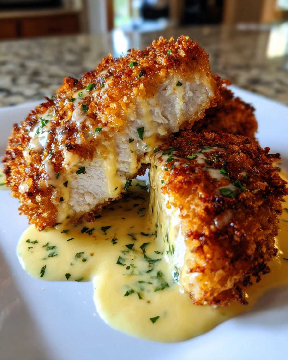 Two halves of Crispy Parmesan Chicken Cutlets showing the white interior, drizzled with creamy sauce and parsley.