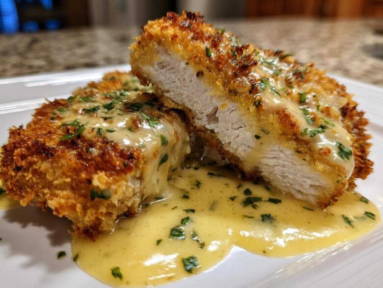 Cross-section of Crispy Parmesan Chicken Cutlets smothered in a rich, creamy sauce and topped with fresh parsley.