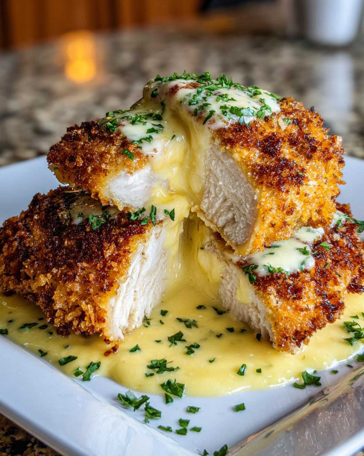 Two halves of Crispy Parmesan Chicken Cutlets showing melted cheese filling and creamy sauce, garnished with parsley.