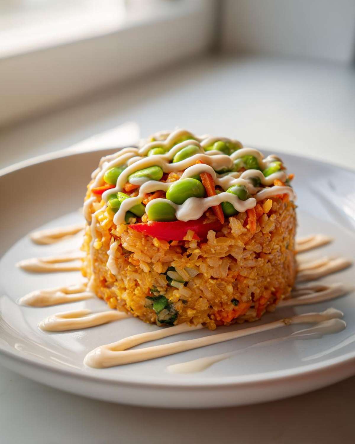 A molded serving of crispy rice salad with edamame, carrots, and a creamy tahini ginger dressing drizzle.